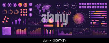 Neon Interface Elements Kit für UI UX Web Design Farbsymbole. Schaltfläche und Schalter für die Website-Vorlage, Balken und Schieberegler, Diagramm und Diagramm mit Sektoren auf dem Bildschirm, Kalendervektorgrafik Stock Vektor