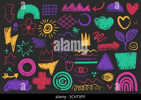 Abstrakte Kritzelung bunte Kreideformen, kindliche handgezeichnete Aufkleber Set. Pastellkreide, Bleistiftskizzen-Sammlung mit naiven Kindergemälden, Herz und Scribbles, Regenbogen- und Pfeil-Vektor-Illustration Stock Vektor