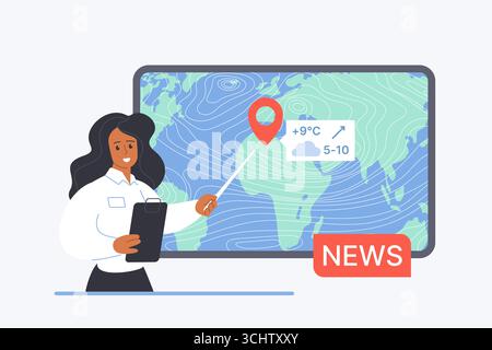 Vektor-Illustration einer weiblichen Wettermoderatorin, die Temperatur- und Windvorhersage mit einer großen meteorologischen Karte in Fernsehnachrichten erklärt. Stock Vektor
