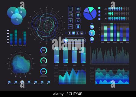 Blaugrünes Schnittstellenkit für UI UX Webdesign, Farbsymbolsatz für Dashboard-Elemente. Dunkle Benutzermenüvorlage mit Schaltflächen Mockup, Fortschritts- und Downloadleiste, Infografik-Vektor-Illustration Stock Vektor
