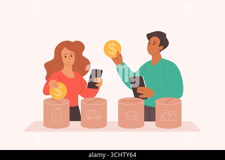 Planung des Familienhaushalts, Finanzierung und Investitionen, Kostenverteilung. Winzige Ehemann und Frau verwalten Einkommen, investieren Geld in verschiedene Vermögenswerte, verbreiten Goldmünzen Karikaturvektor Illustration Stock Vektor