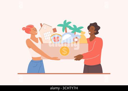Familienträume von Wohlstand und finanzieller Stabilität, Motivation der Haushaltsplanung. Kleine junge Ehemann und Frau halten Box mit Auto und Reise, Gesundheit und Hauskosten Karikaturvektor Illustration Stock Vektor