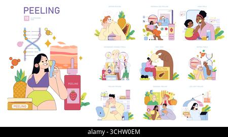 Vektor-Illustrationsset, das verschiedene Hautpflegetechniken zeigt, einschließlich Enzym-, Retinol- und LED-Lichtschälen. Zeigt verschiedene Personen mit unterschiedlichen Peelings. Stock Vektor
