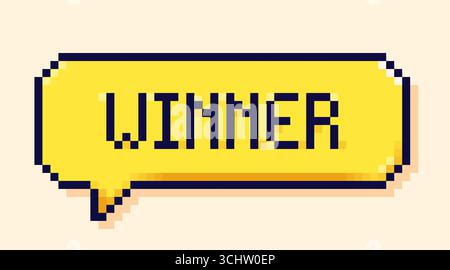Pixel Art Spiel Sprechblase. Wortgewinner auf gelbem Hintergrund. Stock Vektor