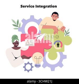 Vektor-Illustration der Service-Integration, dargestellt durch verschiedene Personen, die an bunten Puzzleteilen mit Zahnrädern, Symbolen und Kommunikationssymbolen arbeiten. Stock Vektor