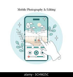 Vektordarstellung eines mobilen Geräts mit einer Hand, die die Einstellungen für die Fotobearbeitung anpasst. Das Bild zeigt eine digitale Benutzeroberfläche, die die Bedienelemente für die mobile Fotografie und Bearbeitung unterstreicht. Stock Vektor