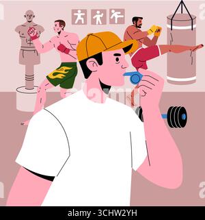 Vektor-Illustration eines Sportlehrers, der eine Pfeife bläst, um ein intensives Boxtraining zu leiten. Boxer üben Schläge und Tritte an Boxsäcken und Dummies. Stock Vektor