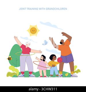 Vektor-Illustration einer Familie, die Outdoor-Aktivitäten mit Hula Hoop und Basketball genießt. Erwachsene und Kinder zeigen Freude und Spannung in einer sonnigen, verspielten Umgebung. Stock Vektor