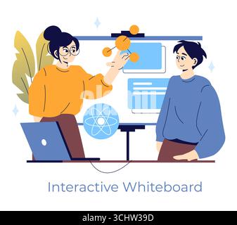 Vektor-Illustration von zwei Personen, die an einem interaktiven Whiteboard zusammenarbeiten. Eine Person zeigt auf Diagramme und nimmt an einer dynamischen Bildungs- oder Geschäftspräsentation Teil. Stock Vektor