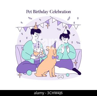 Vektor-Illustration der Geburtstagsfeier eines Haustiers. Zwei freudige Menschen und ein glücklicher Hund mit Partyhüten. Kuchen, Ballons und Dekorationen schaffen eine festliche Atmosphäre. Stock Vektor