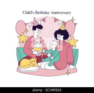 Vektor-Illustration einer fröhlichen Familie, die den ersten Geburtstag eines Kindes feiert. Eltern mit ihrem Kind, die Partyhüte tragen, sitzen zusammen mit einem Kuchen und Ballons im Hintergrund. Stock Vektor