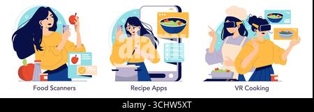Vektor-Illustration, die moderne kulinarische Technologie zeigt. Enthält eine Person, die eine Lebensmittelscanner-App verwendet, ein weiteres Rezept auf einem Smartphone folgt und zwei Personen, die sich mit Virtual-Reality-Kochen beschäftigen. Stock Vektor