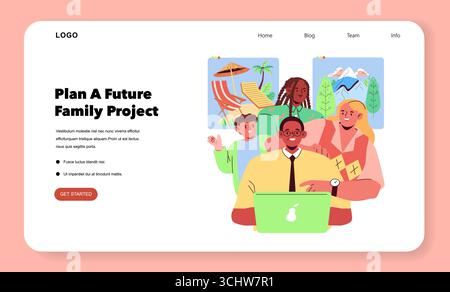 Vektorillustration einer vielfältigen Gruppe von Personen, die ein Familienprojekt planen. Die Gruppe lächelt und versammelt sich um einen Laptop und wirkt emotional und positiv. Der Hintergrund zeigt Reise- und Abenteuerelemente. Stock Vektor