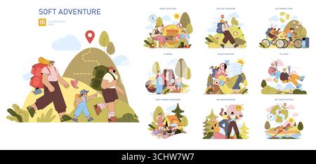 Vektor-Illustration-Paket mit einer Familie, die eine sanfte Abenteuer-Wanderung genießt. Umfasst Szenen von Outdoor-Aktivitäten wie Glamping, Seilrutschen und Wildtierbeobachtung, die Freude und Zweisamkeit darstellen. Stock Vektor