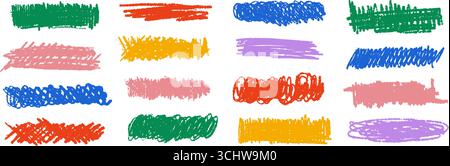 Buntes kindisches Kritzelset. Kollektion mit farbigen Buntstiften und Streifen. Handgezogene, raue Kohlebürste, Elementpaket. Pastellfarbene, lockige, wellige, schnörkelige Pinselstriche bündeln sich. Vektor Stock Vektor