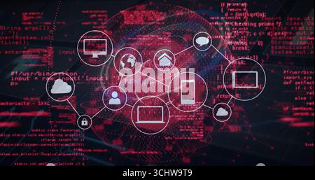 Anzeigen des Netzwerkdiagramms zur Verbindung von Cloud-, Telefon- und Vorhängeschloss-Symbolen auf der digitalen Schnittstelle mit Code Stockfoto