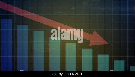 Anzeige eines digitalen Balkendiagramms mit einem abwärtigen Trend in einem dunklen Raster mit rotem Pfeil Stockfoto
