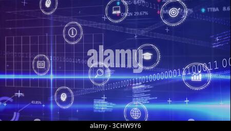 Anzeige der Benutzeroberfläche mit beweglichen Symbolen im Dashboard mit Laptop, Suchsymbol, Balkendiagramm Stockfoto