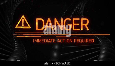 Leuchtendes orangefarbenes Warnschild blinkt auf der Sci-fi-Schnittstelle mit Helixformen und Partikeln Stockfoto