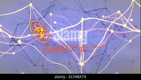Schwebendes goldenes Symbol für biologische Gefahrenstoffe, das in virtueller Schnittstelle den Fokus mit leuchtenden Kurven und Knoten zeichnet Stockfoto