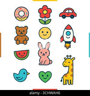 Set mit niedlichen Zeichentricksymbolen einschließlich Donut, Blume, Auto, Teddybär, Smiley Face, Rakete, Wassermelone, Kaninchen, Giraffe, Vogel, und Herz. Farbenfroh Stock Vektor