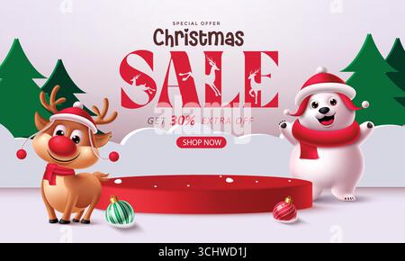Weihnachtsangebot Clipart mit Rentier und Eisbär in festlicher Winterszene für Weihnachtsaktionen Stock Vektor