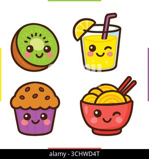 Set mit niedlichen Cartoon-Ikonen wie Kiwis, Orangensaft mit Strohhalm, Muffin-Cupcake und Nudelschüssel. Bunte Kawaii-Kritzeleien Stock Vektor