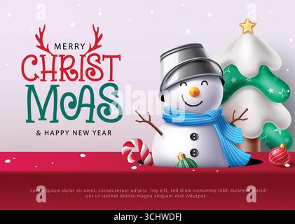 Fröhlicher Schneemann mit blauem Schal und Bucket Cap, der Weihnachten mit Ornamenten feiert Stock Vektor