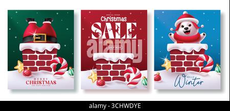 Urlaubs-Clipart-Paket mit Santa Chimney Scene, Weihnachtsverkaufsposter und Wintergrußkarte Stock Vektor
