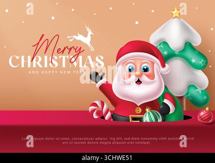 Frohe Weihnachten Clipart mit süßem Weihnachtsmann, Zuckerrohr, Ornamenten und festlichem Baum Stock Vektor