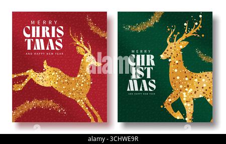 Minimalistisches Weihnachtsclipart-Begrüßungsplakat mit elegantem Rentier in abstrakter roter und grüner Hintergrund Vektor-Illustration. Stock Vektor