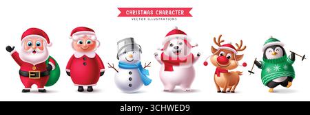 Süßes Weihnachtsfiguren-Set mit Weihnachtsmann, Mrs. Claus, Schneemann, Eisbär, Rentier, und Pinguin Stock Vektor