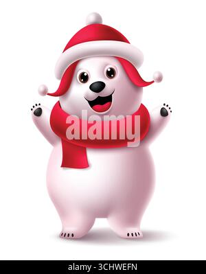 Niedlicher Eisbär im roten Hut und Schal Clipart Charakter perfekt für Weihnachten, Feiertag und Neujahr Grüße Vektor Illustration. Stock Vektor