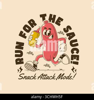 Zeichentrickfigur mit schnell haltender Senfflasche mit verspieltem Snack Attack Retro Typografie Design Stock Vektor