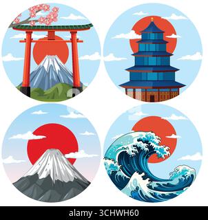 Fuji, Torii-Tor, Pagode und Wellensymbole mit kräftigen Farben und klaren Linien. Stock Vektor