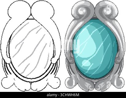 Elegante Vektorillustration des dekorativen silbernen Spiegelrahmens, farbig und umrissen, mit blauem Edelstein Mitte Stock Vektor