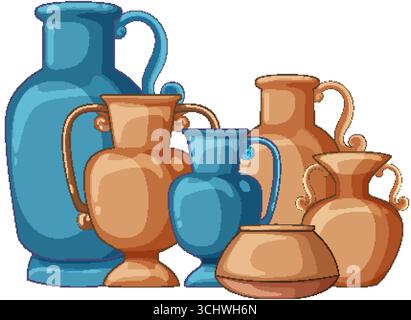 Gruppe von stilisierten blauen und braunen Vasen mit geschwungenen Griffen, flacher Beleuchtung, Vektorkunststil Stock Vektor