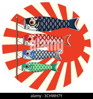 Vier bunte Koinobori-Karpfenstreuer auf einem Pol, kühner roter Sonnenstich Hintergrund, Vektor-Illustration Stock Vektor