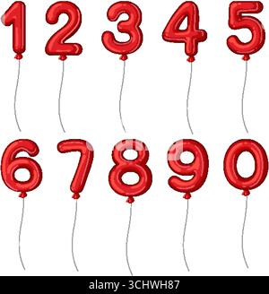 Leuchtend rote Ballonnummern 0-9 mit Saiten, verspielter Vektor für Feiern und pädagogische Zwecke. Stock Vektor