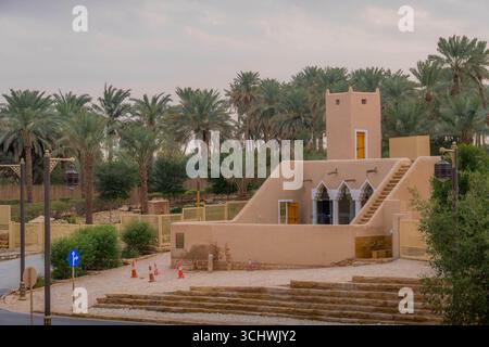 Steinweg gesäumt von Palmen in Diriyah, Riad, Saudi-Arabien, verbindet Wüstengrün mit traditionellem Najdi-Erbe. Stockfoto