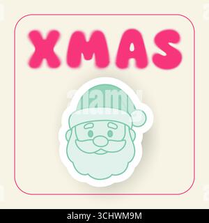 Quadratisches Weihnachtsposter mit rosafarbenem Text und mintfarbenem 3D-Weihnachtsmann-Aufkleber auf beigefarbenem Hintergrund. Minimales festliches Design für Grußkarten und Einladungen Stock Vektor