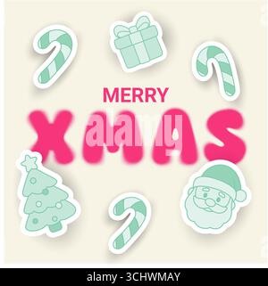Quadratisches Weihnachtsposter mit rosafarbenem WEIHNACHTSTEXT im Halbton und mintgrünen 3D-Aufklebern von Weihnachtsmann, Baum, Geschenk und Zuckerrohr auf beigefarbenem Hintergrund. Modern Stock Vektor