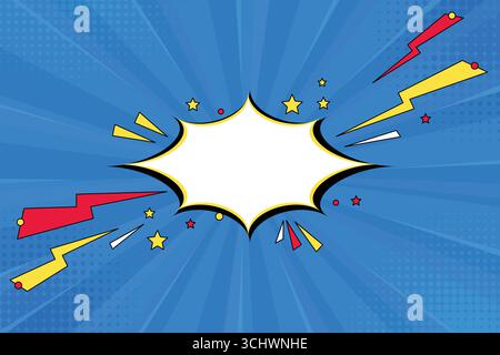 Comic-blauer Pop-Art-Hintergrund mit leerer Sprechblase mit Donner. Kreatives Werbebanner mit Zoom-Effekt im Halbton. Anime-Explosionseffekt mit Sonnenaufgang Stock Vektor