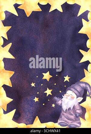 Niedliche Gnome und goldene Sterne Aquarellrahmen Illustration. Handgezeichneter, isolierter vertikaler Rand mit magischem Elf für das Design Ihres Babys. Postkartenvorlage mit Stockfoto