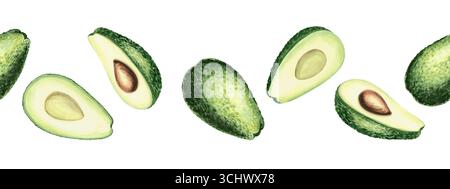 Avocado, ganz und geschnitten für halbe Aquarellrandung. Isolierte Illustration für Lebensmittel und kosmetische Desserts. Handgezeichnete exotische tropische Früchte Stockfoto