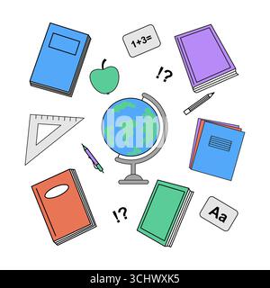 Minimalistische handgezeichnete Illustration mit Schulelementen. Stock Vektor