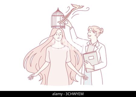 Psychologische Hilfe und psychische Gesundheit Konzept. Junge lächelnde Frau Arzt Psychologe stehend Freigabe Frau Patienten Kopf Gehirn aus Käfig Vektor-Illustration Stock Vektor