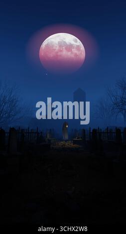 Grab in der Nacht des Horrors leuchtet Ein einsames Grab im Dunkeln, mit geisterhaften Figuren, ideal für eine gruselige Halloween-Illustration. Stockfoto