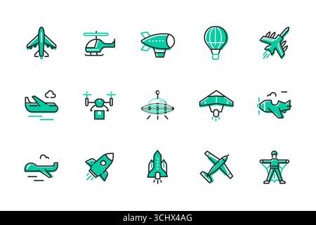 Luftverkehr – Set mit Symbolen im Liniendesign Stock Vektor
