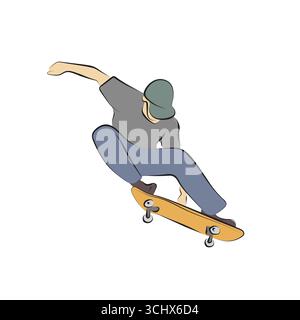 Skateboarder tun Flip und Springen Trick Illustration Vektor Hand gezeichnet mit schwarzen Linien isoliert auf weißem Hintergrund. Stock Vektor